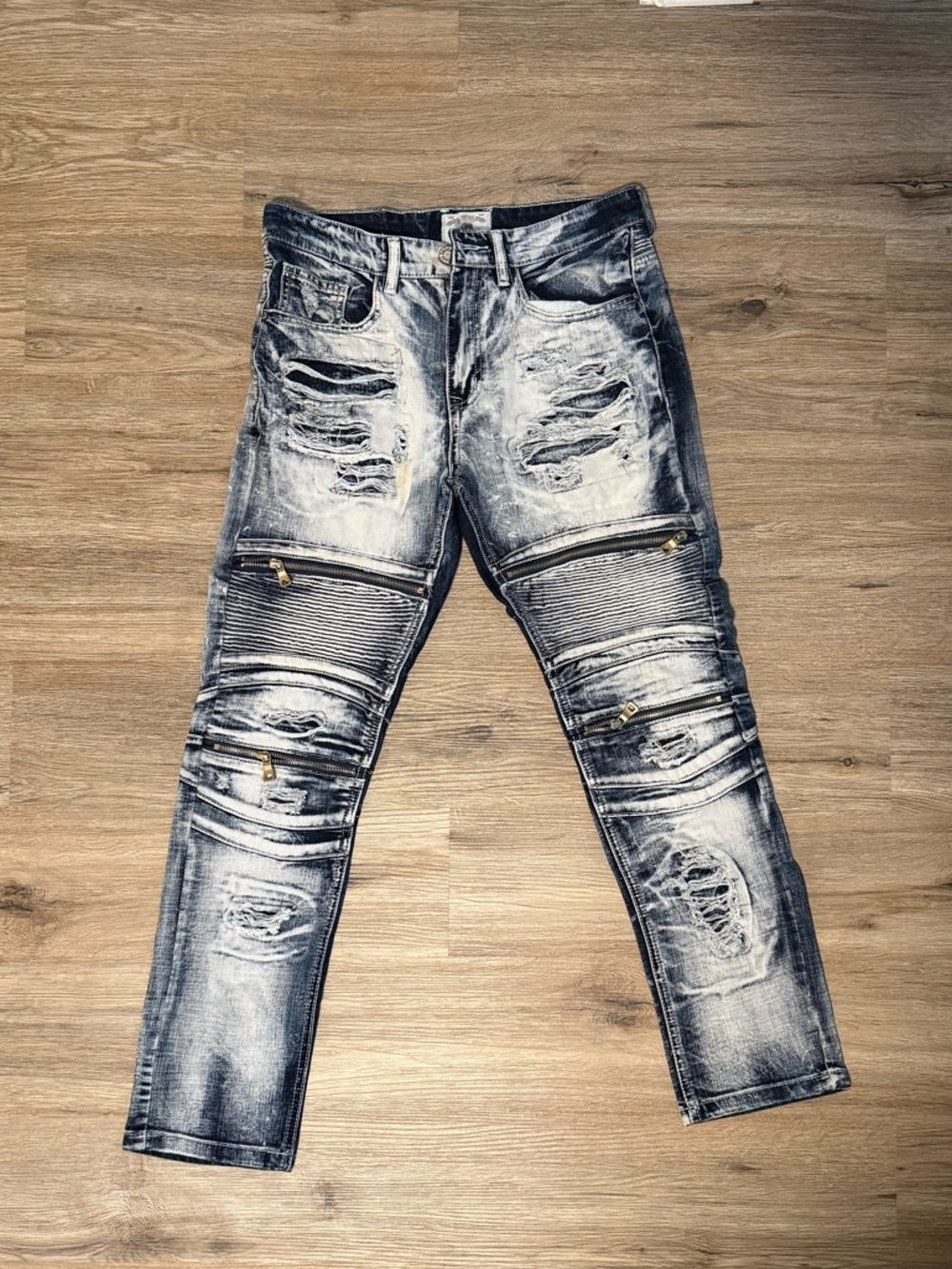 Men's Skinny Ripped Denim Jeans in Faded Blue - Modern Biker Detail